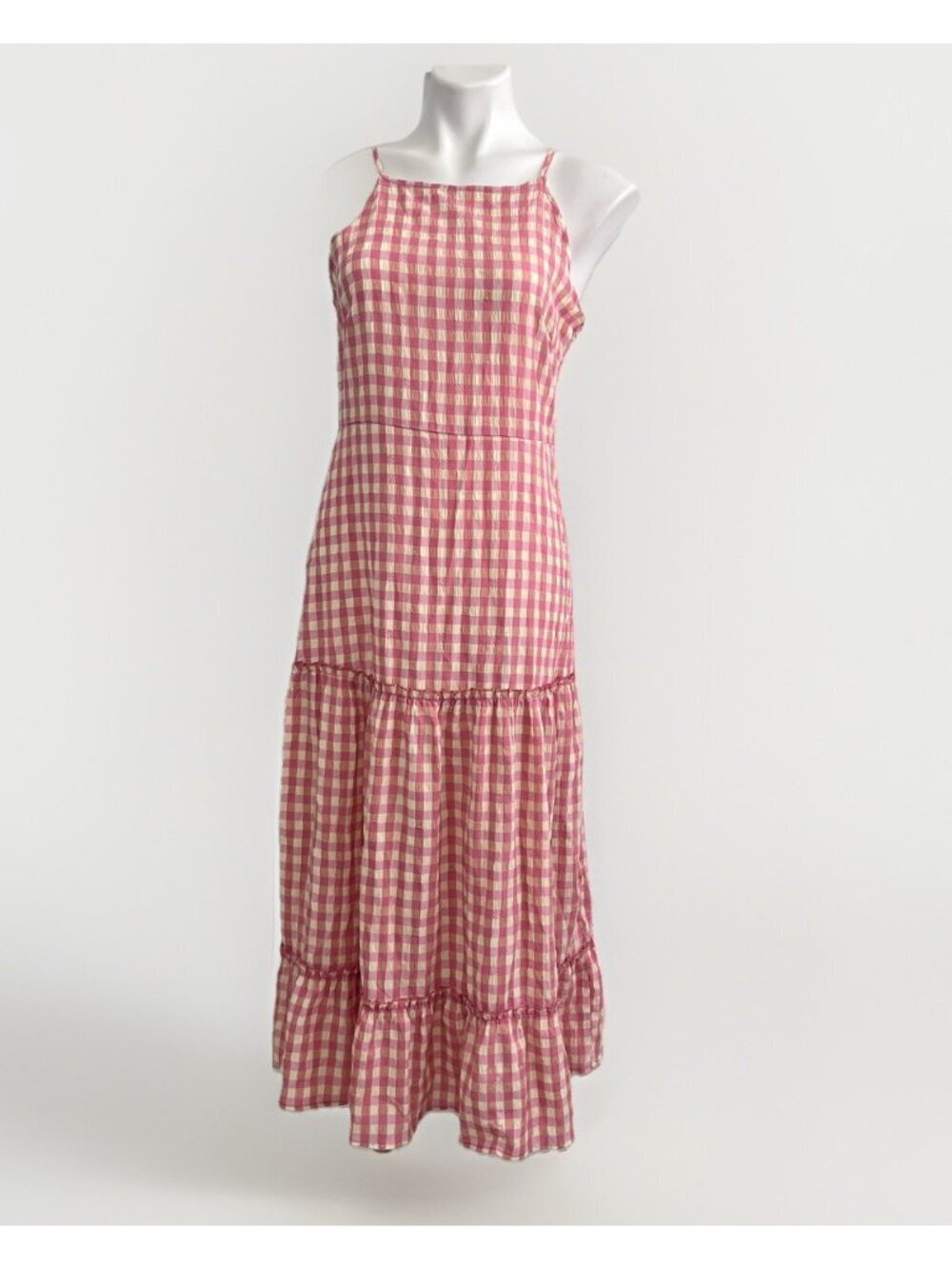 Nanette Lepore Gingham Plaid Crinkle Tiered Midi Dress 10 Pink Yellow NWOT